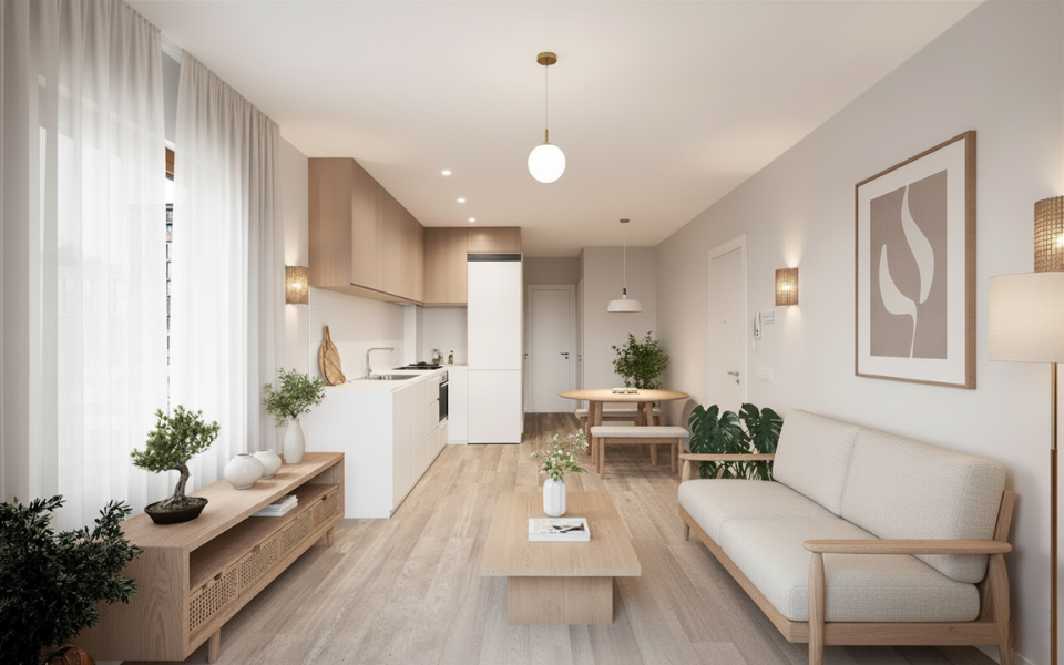 Salón con cocina integrada en tonos madera y blanco, con muebles minimalistas, luz natural y decoración vegetal, ideal para reformas de pisos pequeños.